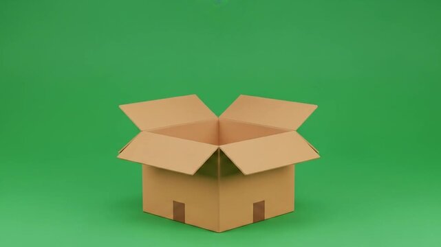 Cardboard box with tall white object inside on green background.