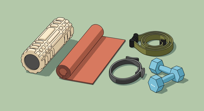 fitness equipment for home workouts featuring a yoga mat foam roller resistance band and dumbbells on a green background.