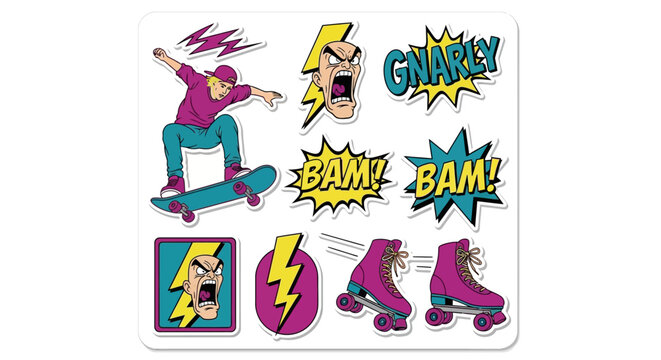 retro pop art stickers with skateboarding man screaming face gnarly and bam comic bursts and roller skates.