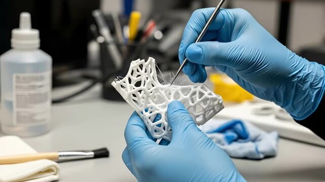 Technician cleaning complex 3D printed lattice structure with metal tool in laboratory setting