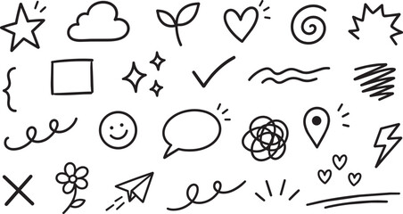 Hand drawn doodle icon set with star cloud heart flower speech bubble arrow lightning and abstract shapes in minimalist outline style isolated vector collection concept of creativity communication  © Maddy