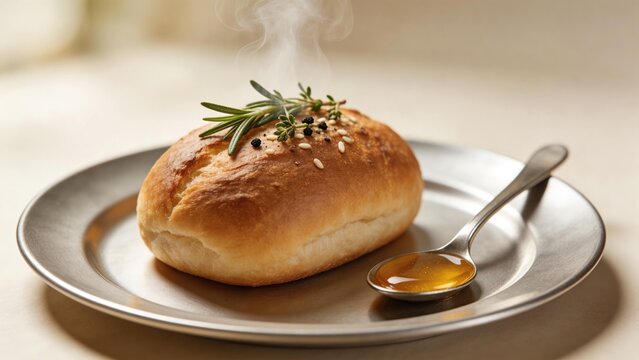 Steaming bread roll with honey