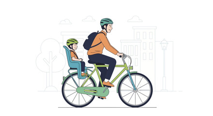 Fototapeta premium Father and Child Riding a Bicycle with a Child Seat in a City Park - Outdoor Family Activity