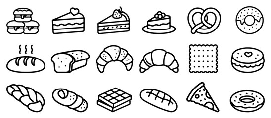 Modern dessert and bakery line art icon set. Cakes, pastries and sweet food icons. Isolated on transparent background. Vector illustration. © sumanto