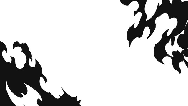 Abstract manga flame frame with black fire shapes isolated on transparent background. Dynamic anime style burning border effect for comic scenes, action visuals, battle posters.