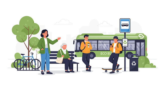 Eco-friendly public transport, green bus stop, and diverse passengers waiting to travel.