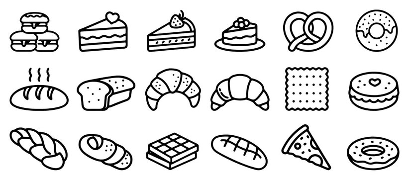 Modern dessert and bakery line art icon set. Cakes, pastries and sweet food icons. Isolated on transparent background. Vector illustration.