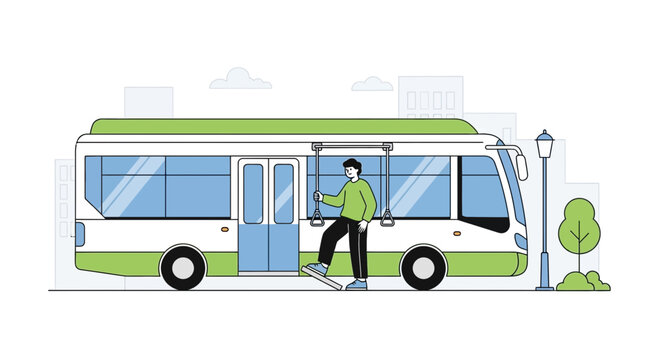 Illustration of man boarding a public bus for eco-friendly urban transportation