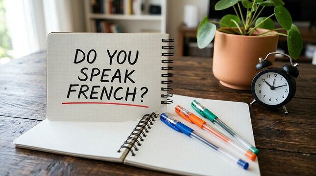 A spiral notebook resting on a wooden desk displays the text Do You Speak French written in black ink alongside a classic analog alarm clock and colorful pens prepared for language learning