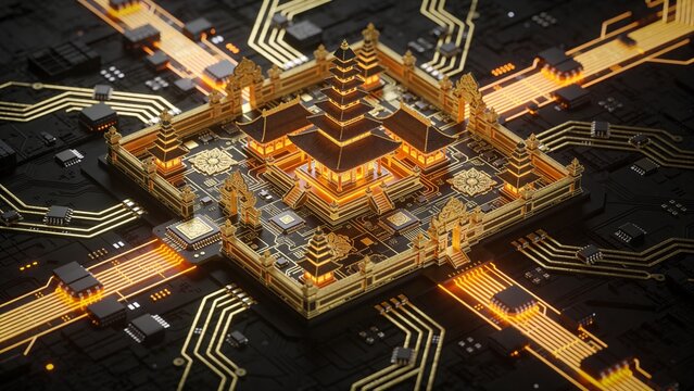 Futuristic Balinese Temple on AI Circuit Board with Glowing Cyber Technology
