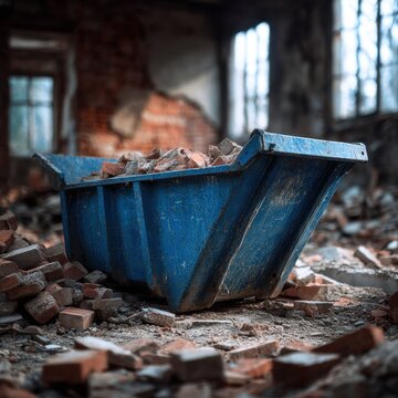 Blue metal construction dumpster filled with broken bricks and rubble inside a partially demolished building with exposed brick walls and windows