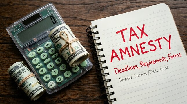 A professional calculator sits next to two rolls of tied currency and an open spiral notebook with handwritten tax amnesty deadlines requirements and income deduction review notes on wood