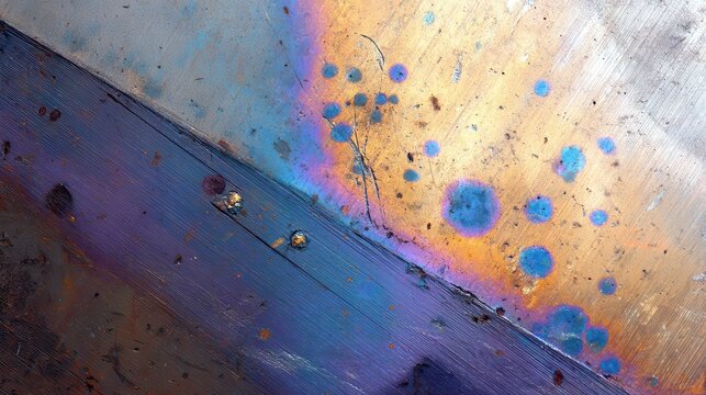 Abstract colorful iridescent heat tint patterns on a metal surface