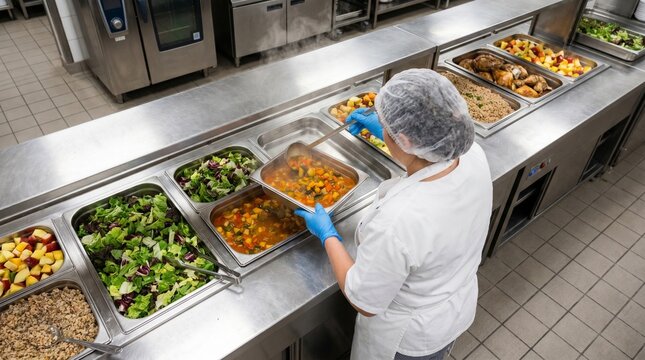 Unrecognizable food service worker wearing hairnet and gloves serving healthy hot meals at a commercial cafeteria buffet line.