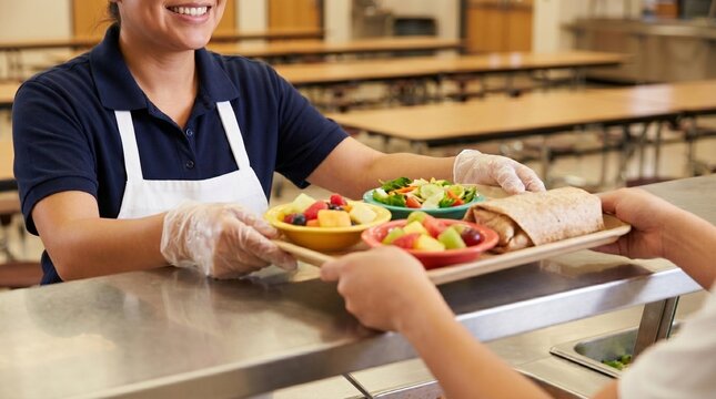 Funcion&aacute;ria de refeit&oacute;rio sorridente e irreconhec&iacute;vel entregando uma bandeja de almo&ccedil;o saud&aacute;vel na cantina escolar