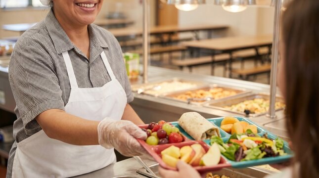 Cropped face of a smiling cafeteria worker handing a healthy lunch tray to a student in a school dining hall.