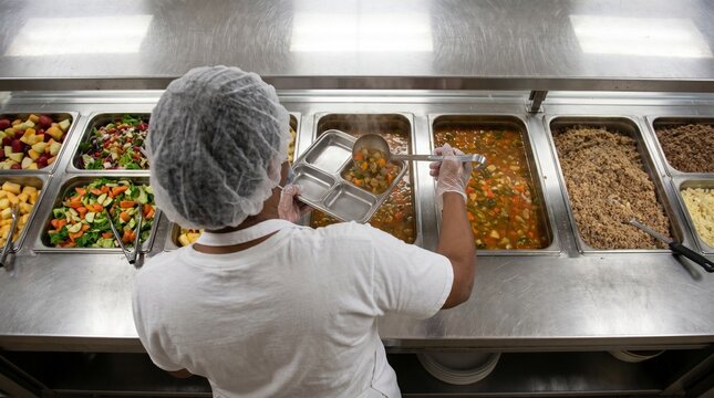 Vis&atilde;o superior de funcion&aacute;ria irreconhec&iacute;vel com touca e luvas servindo refei&ccedil;&atilde;o quente em bandeja de metal no refeit&oacute;rio