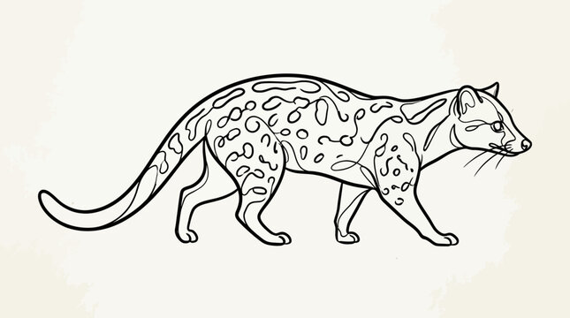 Spotted Civet Cat Walking Line Art Illustration, Wild Animal Sketch