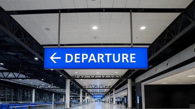 Bright blue departure sign hanging from the ceiling in a modern quiet international airport terminal waiting area with empty chairs and glass windows showing a dark night outside
