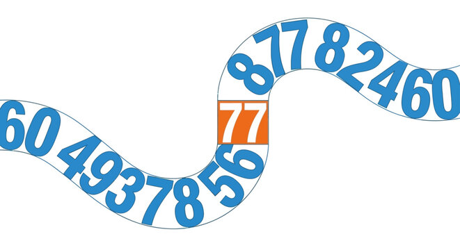numerical sequence data flow with highlighted seventy seven number digit illustrating abstract technology and financial analysis concepts.