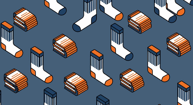 orange and blue isometric pattern of striped socks and neatly folded textiles for a clean domestic background.