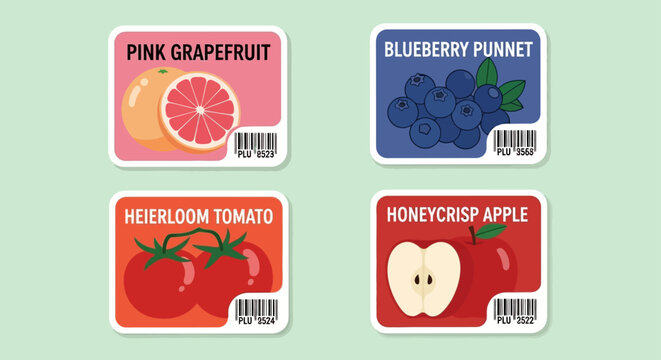 produce labels for fruit and vegetables with plu codes on a light green background ideal for grocery store pricing and inventory concepts