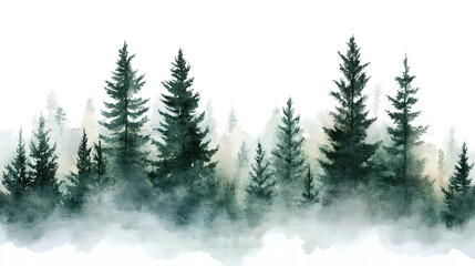 Fototapeta premium Watercolor painting depicts a dark mysterious evergreen forest line shrouded in low hanging atmospheric mist or fog with subtle hints of color&nbsp;&nbsp;