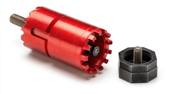Red pipe expander tool with serrated edges and separate black hexagonal component, isolated on white background