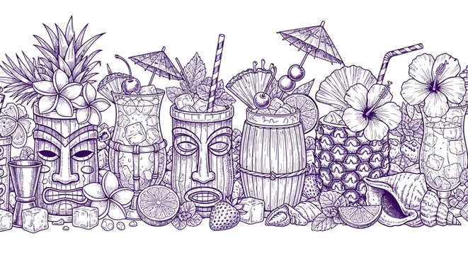 tiki cocktails seamless border illustration featuring tropical drinks summer vacation elements and hand-drawn line art for luau party designs.