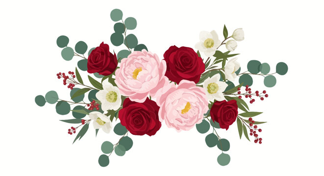 floral arrangement with red roses pink peonies hellebores eucalyptus and berries for elegant wedding designs.