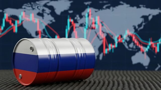 Russian Oil Barrel with Global Financial Market Chart Background Representing Energy Crisis and Economic Sanctions