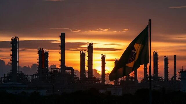 Brazilian Oil Refinery Silhouette at Sunset Representing South American Energy Industry Growth and Economic Development