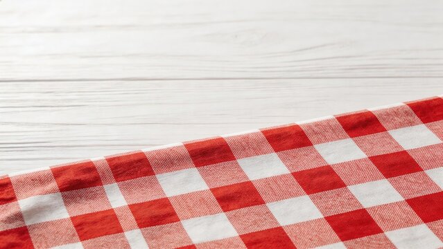 Red and white checkered tablecloth on wooden surface