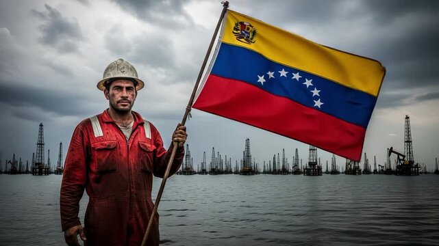 Hispanic male oil worker holding national flag in offshore oil field representing energy industry and patriotism