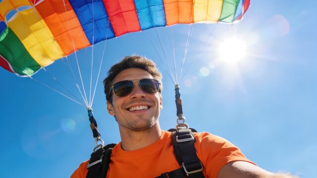 Man skydiving with colorful parachute