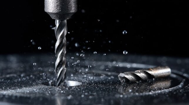 Close-up of drill bit making hole in metal with water splashes