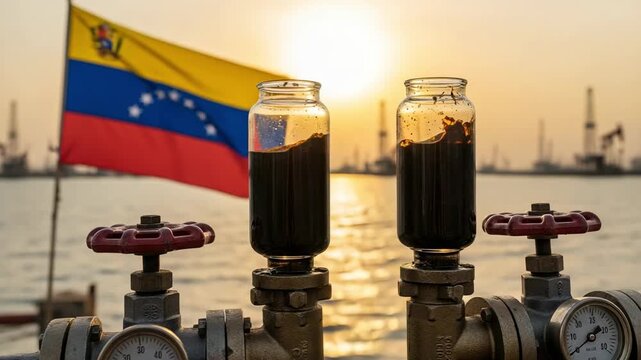 Crude oil samples in glass jars with industrial valves and national flag background representing energy sector crisis