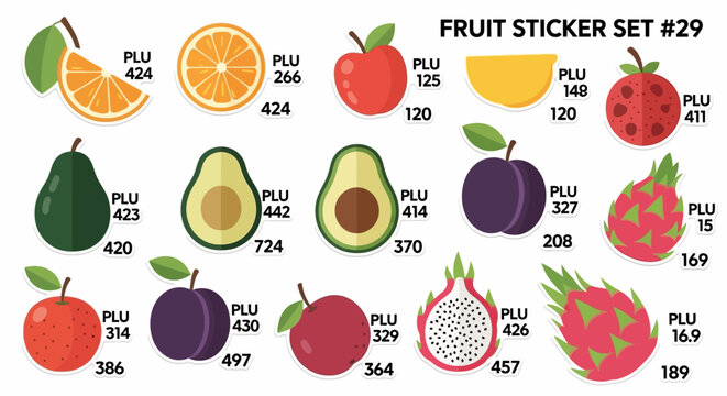 fruit sticker set displaying various fresh fruits with plu codes for grocery store pricing and healthy eating concepts
