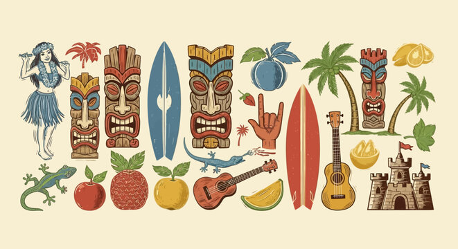 hawaiian culture and tropical vacation elements featuring tiki masks surfboards and a hula dancer perfect for summer beach designs