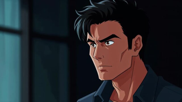 Animated Man's Intense Gaze: A close-up illustration of a man with sharp features, dark hair, and an intense, focused expression, set against a dark, ambiguous background.