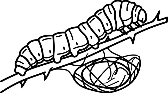Silkworm caterpillar on branch with cocoon, line art illustration