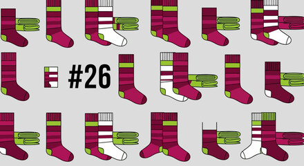 Fototapeta premium various striped socks displayed for laundry day highlighting sock matching and household organization challenges with the number 26.