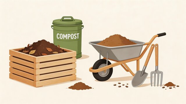 Compost bin wheelbarrow and gardening tools