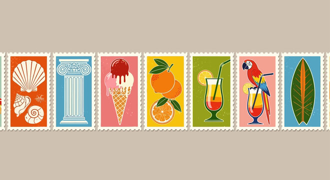 colorful postage stamps with summer travel icons and holiday elements evoking a cheerful beach vacation or tropical holiday concept.