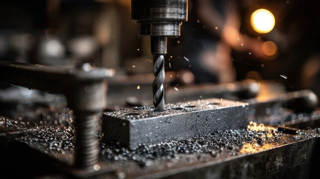 Industrial metal drilling machine bit boring hole in steel block with flying metal shavings