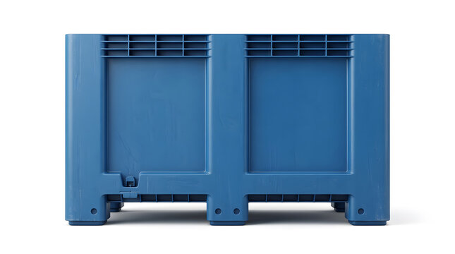 Blue plastic pallet container box for industrial logistics and shipping on white background
