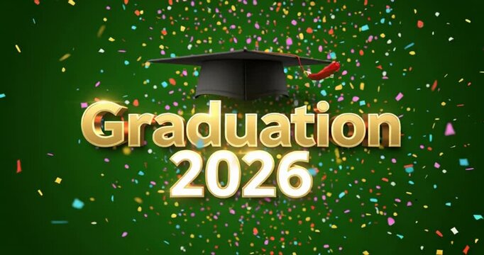 Graduation 2026 Text with Graduation Cap and Confetti on Green Background