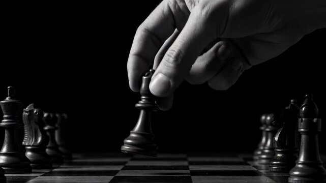 Strategic Move: A close-up shot captures a hand making a decisive move with a chess piece on a chessboard, set against a stark black background, highlighting concentration and intellect.