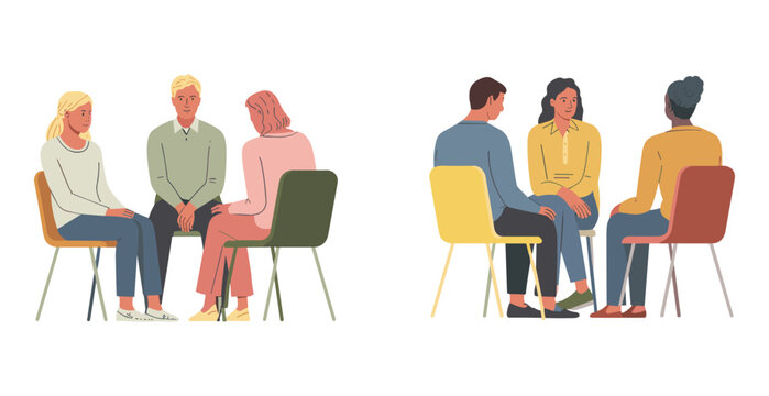 Diverse people sitting in support group discussion sessions featuring teamwork communication counseling therapy and community interaction illustration design