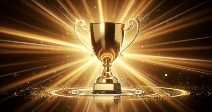 Golden Trophy With Radiant Rays and Sparkle Effects, Cinematic Motion Graphics Loop, Representing Achievement, Victory, Success, and Excellence